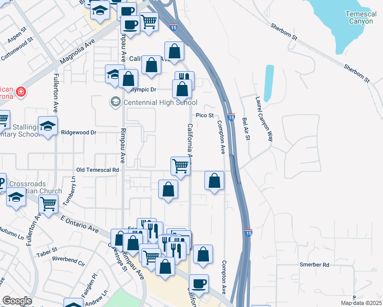 map of restaurants, bars, coffee shops, grocery stores, and more near in Corona