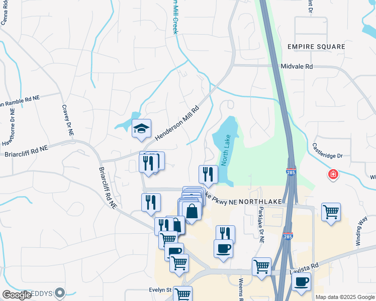 map of restaurants, bars, coffee shops, grocery stores, and more near 2376 Henderson Mill Court in Atlanta