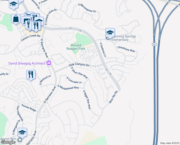 map of restaurants, bars, coffee shops, grocery stores, and more near 8378 East Quiet Canyon Court in Anaheim