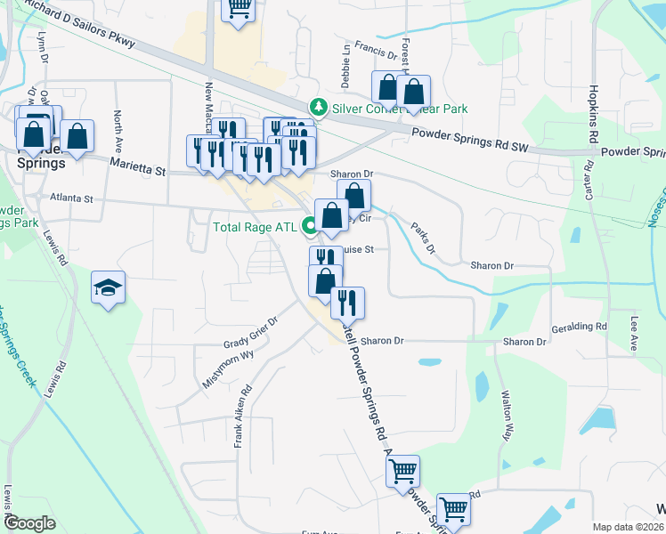 map of restaurants, bars, coffee shops, grocery stores, and more near 4061 Austell Powder Springs Road Southwest in Powder Springs