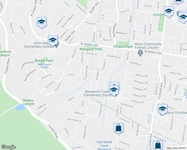 map of restaurants, bars, coffee shops, grocery stores, and more near 2421 Mangular Avenue in Corona