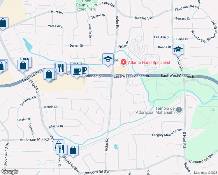 map of restaurants, bars, coffee shops, grocery stores, and more near 3869 Merryweather Trail in Austell