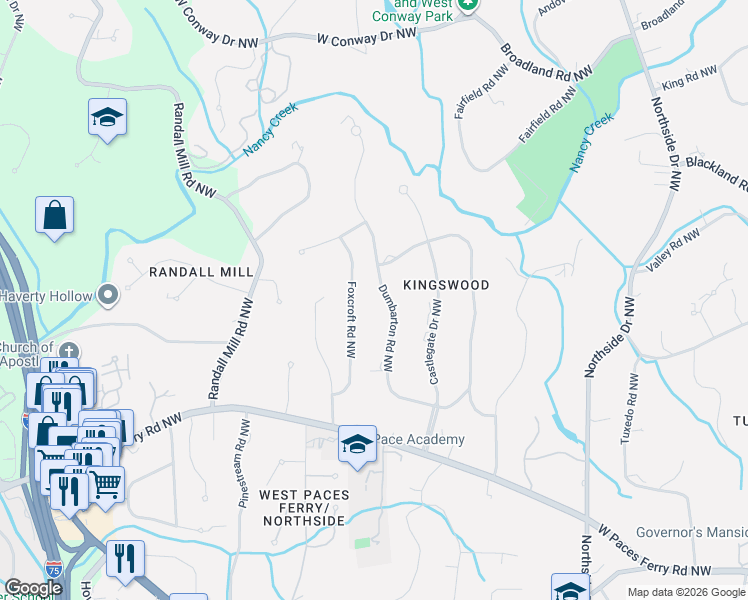 map of restaurants, bars, coffee shops, grocery stores, and more near 1020 Foxcroft Road Northwest in Atlanta