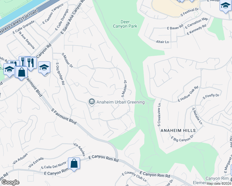 map of restaurants, bars, coffee shops, grocery stores, and more near 7650 East Corto Road in Anaheim
