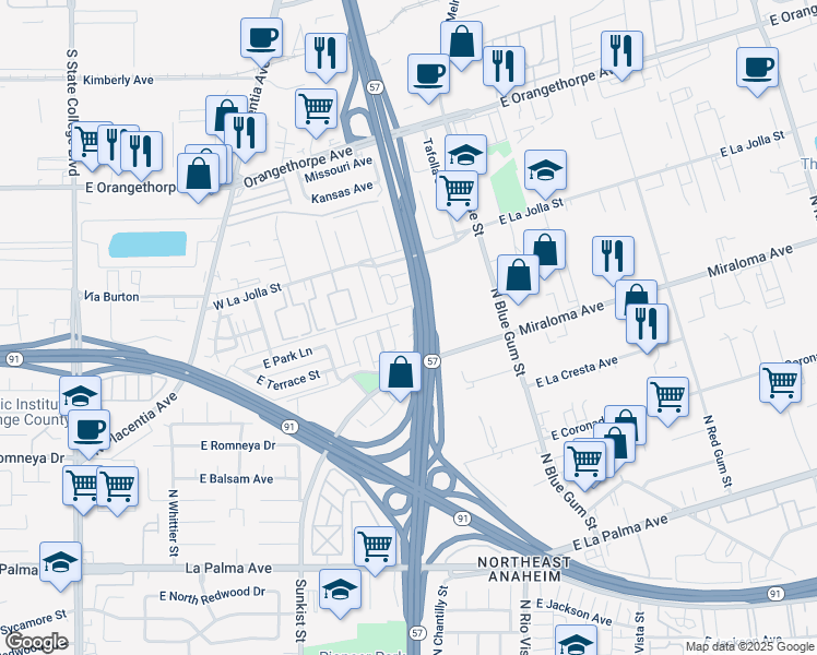 map of restaurants, bars, coffee shops, grocery stores, and more near 2670 Park Lane in Anaheim