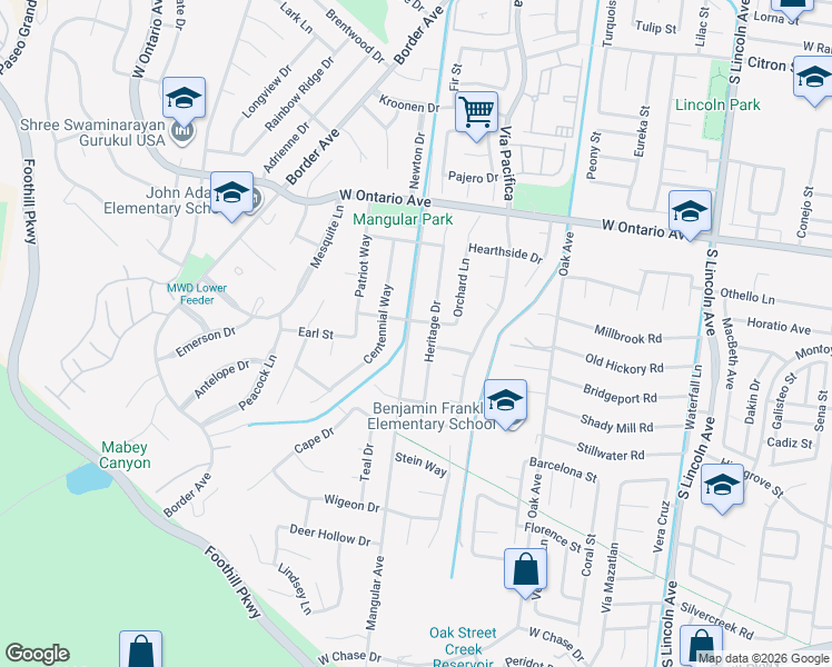 map of restaurants, bars, coffee shops, grocery stores, and more near 2421 Mangular Avenue in Corona