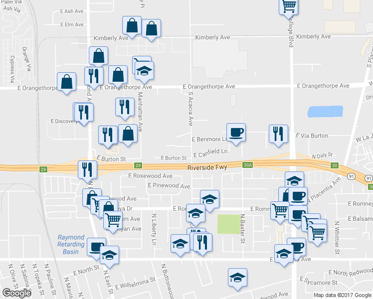 map of restaurants, bars, coffee shops, grocery stores, and more near 1466 East Blossom Lane in Anaheim