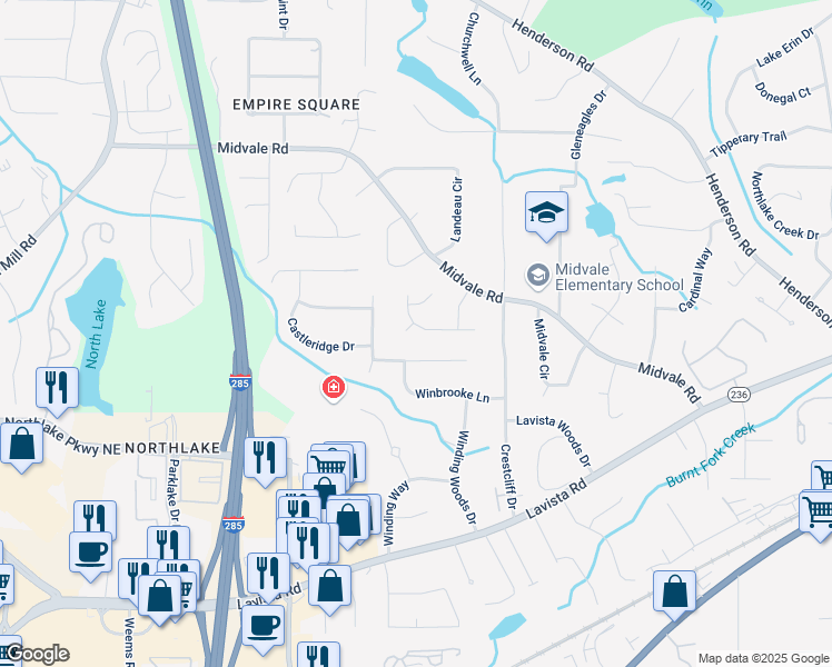 map of restaurants, bars, coffee shops, grocery stores, and more near 3635 Norwich Drive in Tucker