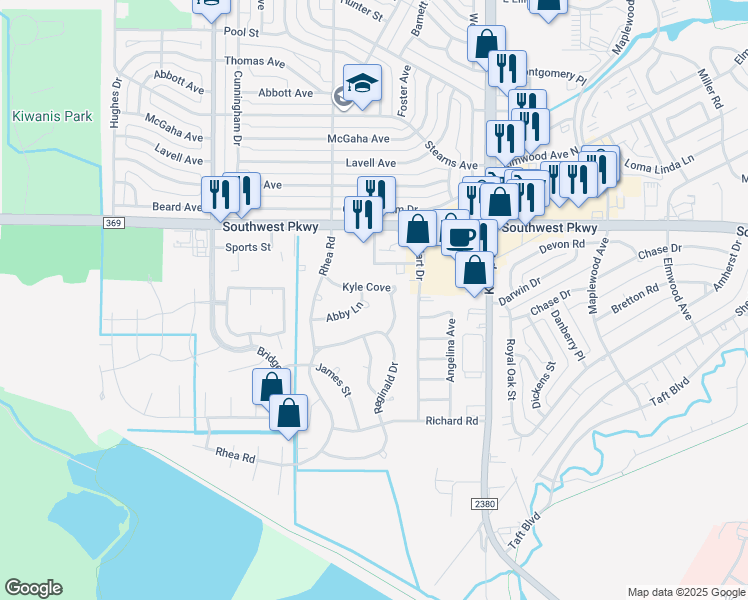map of restaurants, bars, coffee shops, grocery stores, and more near 2905 Abby Lane in Wichita Falls