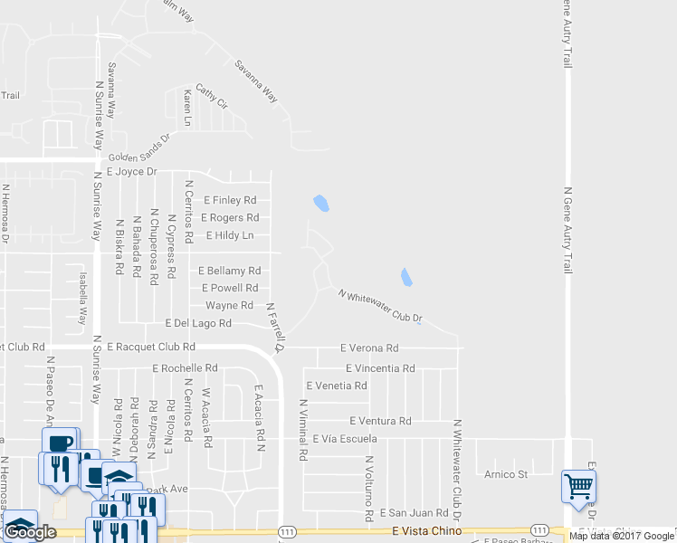 map of restaurants, bars, coffee shops, grocery stores, and more near 2616 North Whitewater Club Drive in Palm Springs