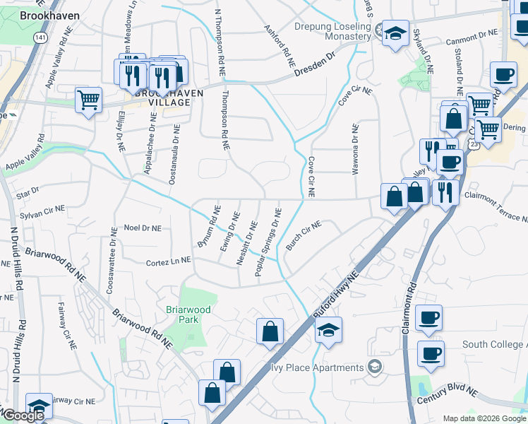 map of restaurants, bars, coffee shops, grocery stores, and more near 2389 Nesbitt Drive Northeast in Atlanta