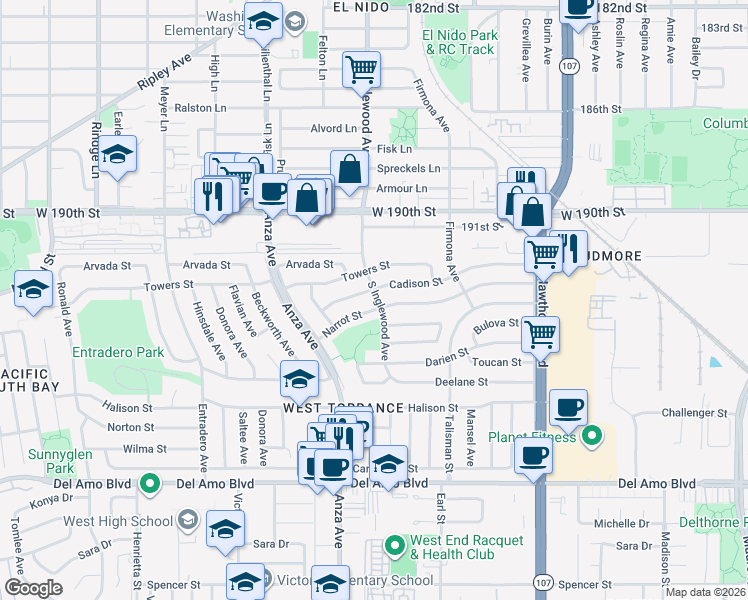 map of restaurants, bars, coffee shops, grocery stores, and more near 19311 South Inglewood Avenue in Torrance