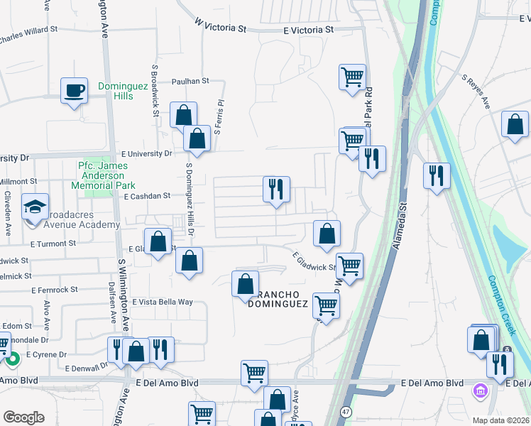 map of restaurants, bars, coffee shops, grocery stores, and more near 19009 South Laurel Park Road in Compton