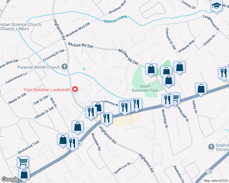 map of restaurants, bars, coffee shops, grocery stores, and more near 3103 Redwood Grove Park in Snellville