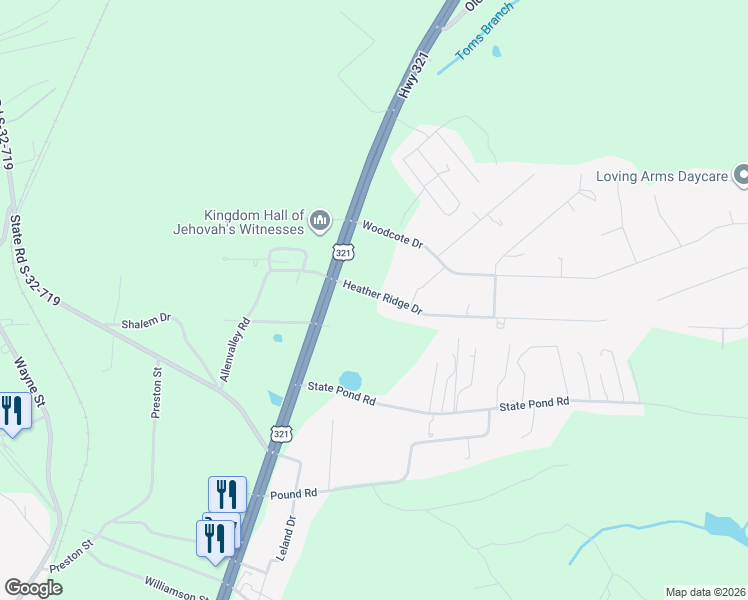 map of restaurants, bars, coffee shops, grocery stores, and more near 124 Heather Ridge Drive in Gaston