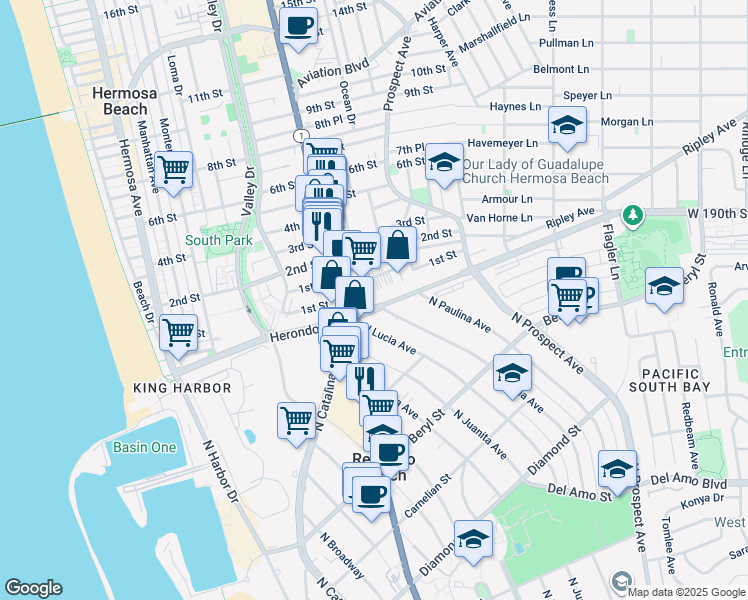 map of restaurants, bars, coffee shops, grocery stores, and more near 317 Anita Street in Redondo Beach