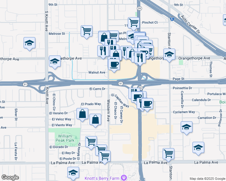 map of restaurants, bars, coffee shops, grocery stores, and more near 7536 El Cerro Drive in Buena Park