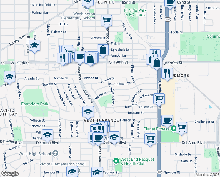 map of restaurants, bars, coffee shops, grocery stores, and more near 19311 South Inglewood Avenue in Torrance