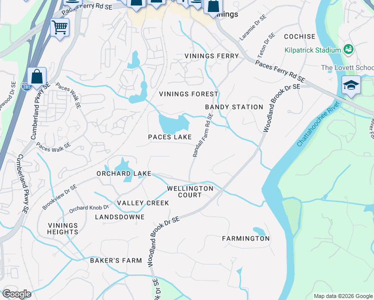 map of restaurants, bars, coffee shops, grocery stores, and more near 2956 Paces Lake Drive Southeast in Atlanta