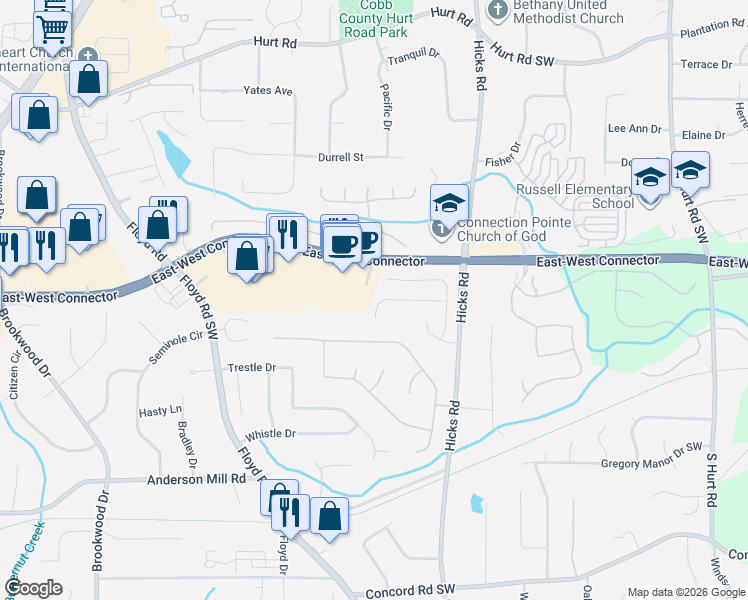 map of restaurants, bars, coffee shops, grocery stores, and more near 750 Peteywood Drive in Austell