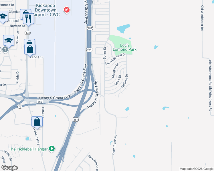 map of restaurants, bars, coffee shops, grocery stores, and more near 204 Dirks Drive in Wichita Falls