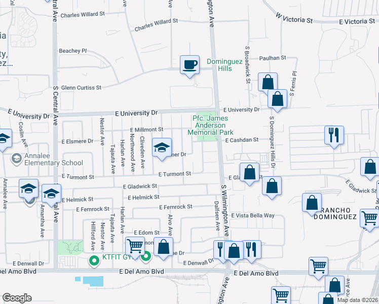 map of restaurants, bars, coffee shops, grocery stores, and more near 19322 Gunlock Avenue in Carson
