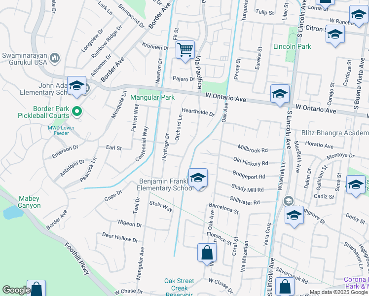 map of restaurants, bars, coffee shops, grocery stores, and more near 2450 Vía Pacifica in Corona
