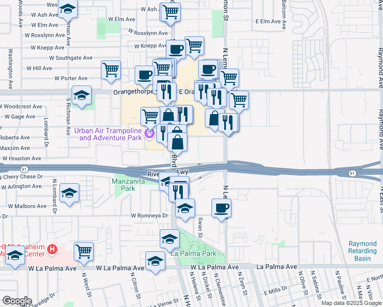 map of restaurants, bars, coffee shops, grocery stores, and more near 1611 South Pomona Avenue in Fullerton
