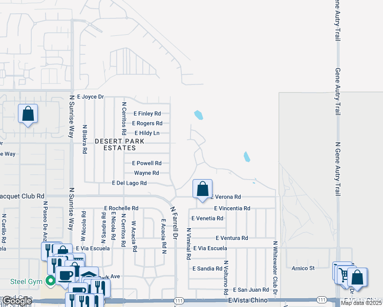 map of restaurants, bars, coffee shops, grocery stores, and more near 2675 North Whitewater Club Drive in Palm Springs