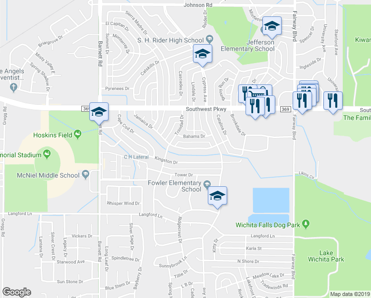 map of restaurants, bars, coffee shops, grocery stores, and more near 5125 Jamaica Drive in Wichita Falls