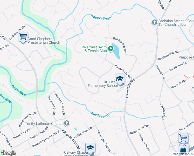 map of restaurants, bars, coffee shops, grocery stores, and more near 3945 Hunting Ridge Drive Southwest in Lilburn