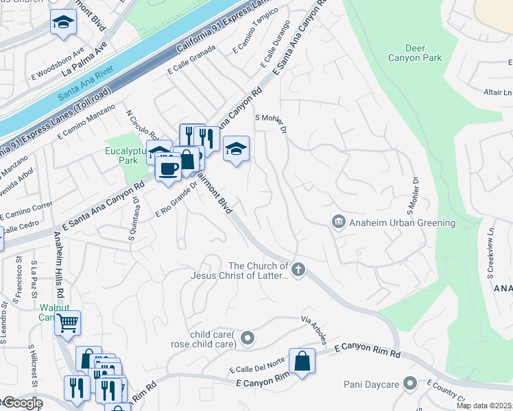 map of restaurants, bars, coffee shops, grocery stores, and more near 323 South Del Giorgio Road in Anaheim