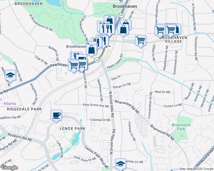 map of restaurants, bars, coffee shops, grocery stores, and more near 1188 Thornwell Drive Northeast in Atlanta