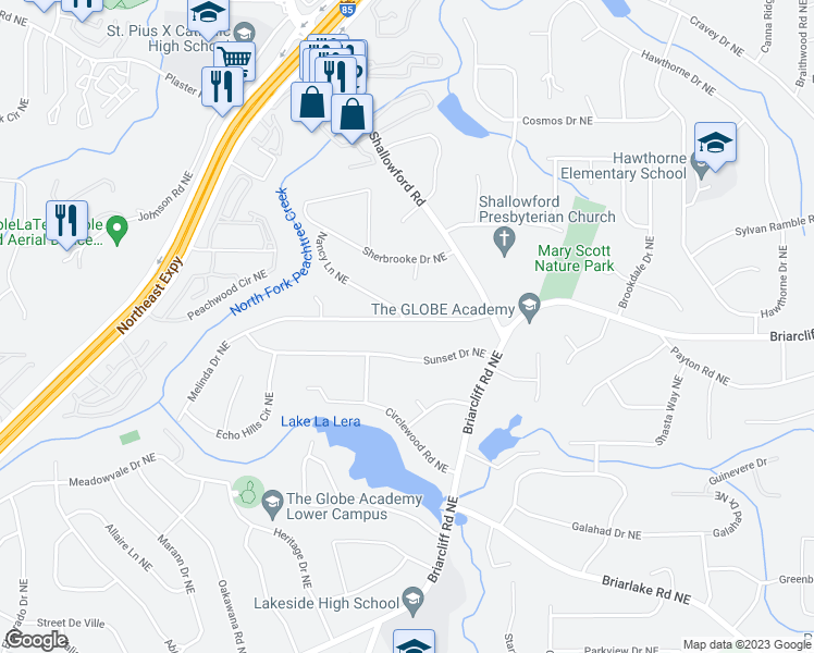 map of restaurants, bars, coffee shops, grocery stores, and more near 2535 Melinda Drive Northeast in Atlanta