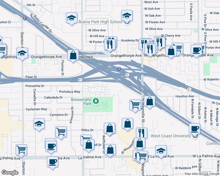 map of restaurants, bars, coffee shops, grocery stores, and more near 1432 North Parkhaven Drive in Anaheim