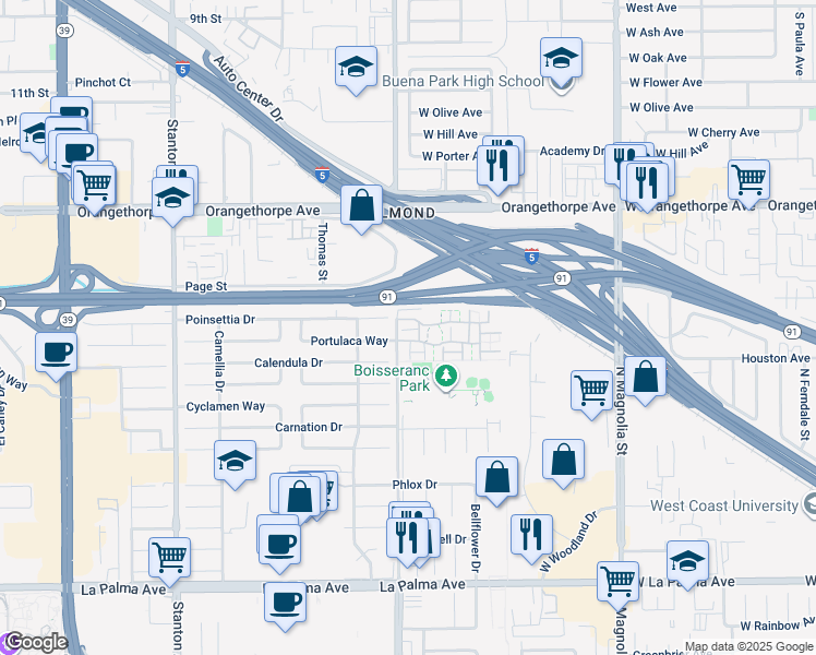 map of restaurants, bars, coffee shops, grocery stores, and more near 2784 Peppertree Drive in Anaheim