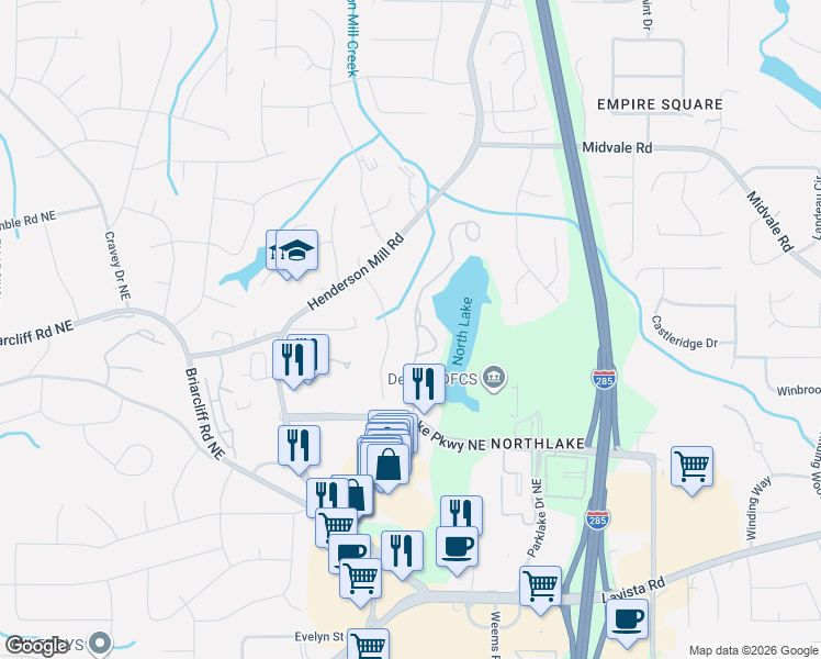 map of restaurants, bars, coffee shops, grocery stores, and more near 2395 Northlake Court Northeast in Atlanta