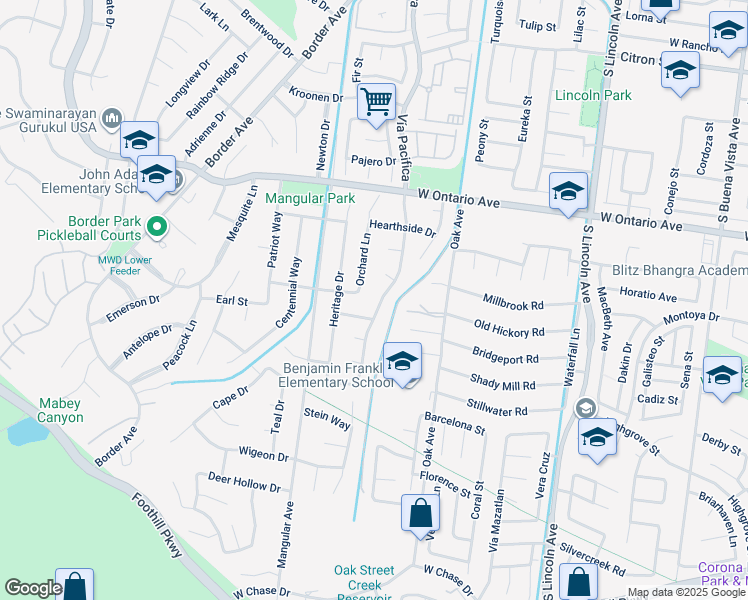 map of restaurants, bars, coffee shops, grocery stores, and more near 2450 Vía Pacifica in Corona