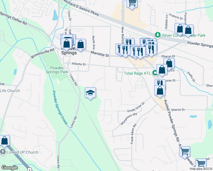 map of restaurants, bars, coffee shops, grocery stores, and more near 4037 Lafayette Drive in Powder Springs