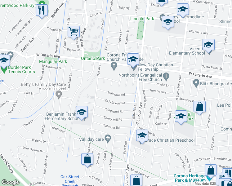 map of restaurants, bars, coffee shops, grocery stores, and more near 1201 Millbrook Road in Corona