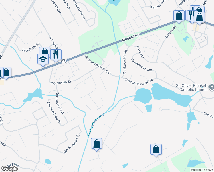 map of restaurants, bars, coffee shops, grocery stores, and more near 2985 Riverbend Drive in Snellville