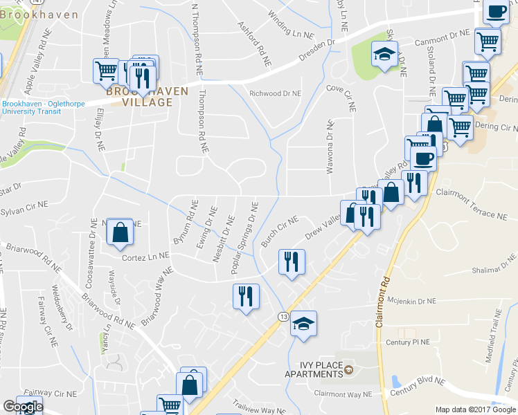 map of restaurants, bars, coffee shops, grocery stores, and more near 2393 Poplar Springs Drive Northeast in Atlanta