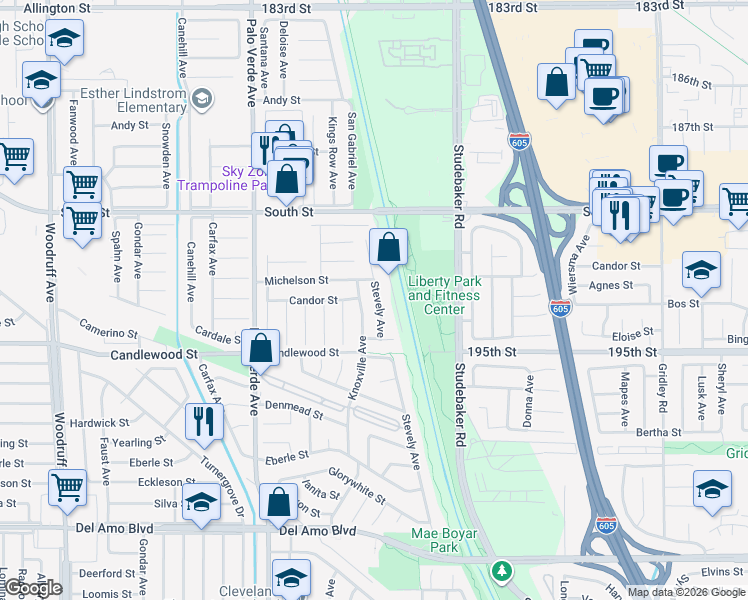 map of restaurants, bars, coffee shops, grocery stores, and more near 5356 Stevely Avenue in Lakewood