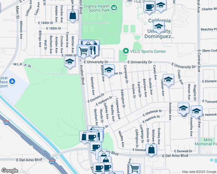 map of restaurants, bars, coffee shops, grocery stores, and more near 19415 Leapwood Avenue in Carson