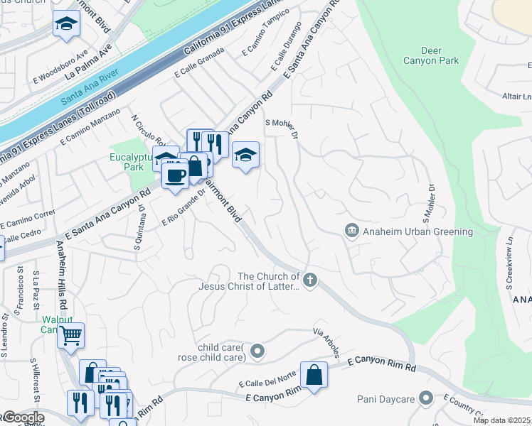 map of restaurants, bars, coffee shops, grocery stores, and more near 323 South Del Giorgio Road in Anaheim