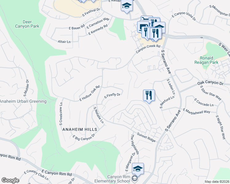 map of restaurants, bars, coffee shops, grocery stores, and more near 927 South Firefly Drive in Anaheim