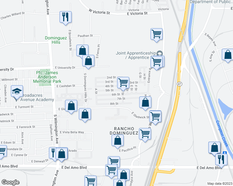 map of restaurants, bars, coffee shops, grocery stores, and more near 19009 South Laurel Park Road in Compton