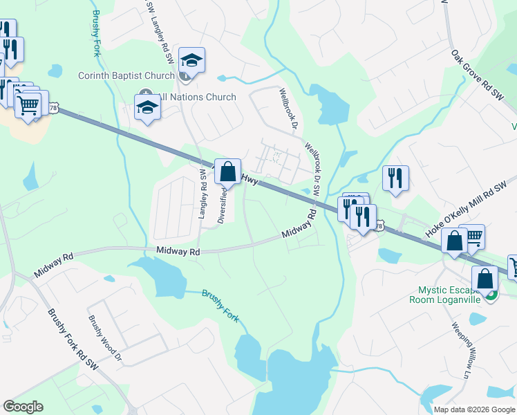 map of restaurants, bars, coffee shops, grocery stores, and more near 3455 Palmer Drive in Loganville