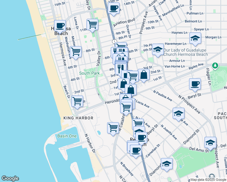 map of restaurants, bars, coffee shops, grocery stores, and more near 622 1st Place in Hermosa Beach