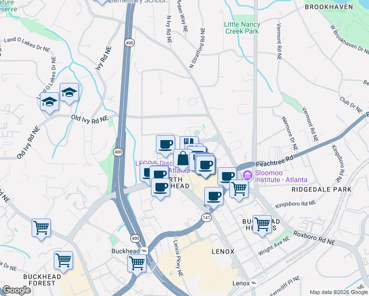 map of restaurants, bars, coffee shops, grocery stores, and more near 715 Phipps Boulevard Northeast in Atlanta